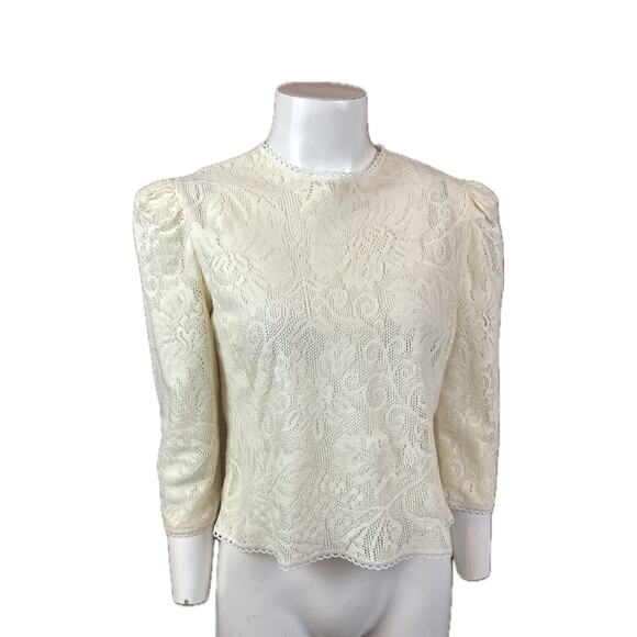 Vintage Ivory Lace Blouse Avec Moi Puff Sleeve Romantic Top / women’s small - Picture 1 of 4